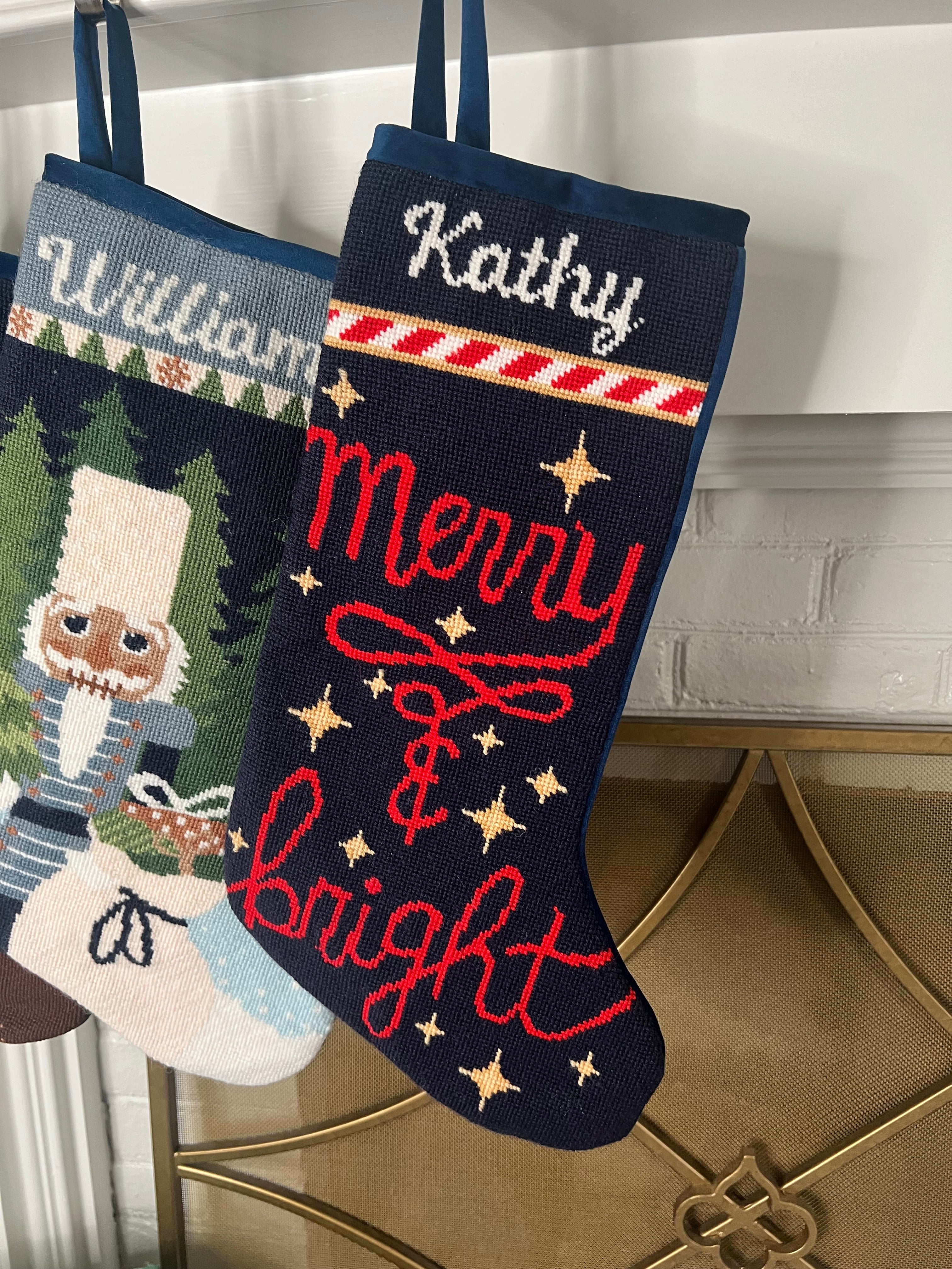 Detailed view of the Full Size Merry and Bright Bauble Stockings with a monogrammed name in script