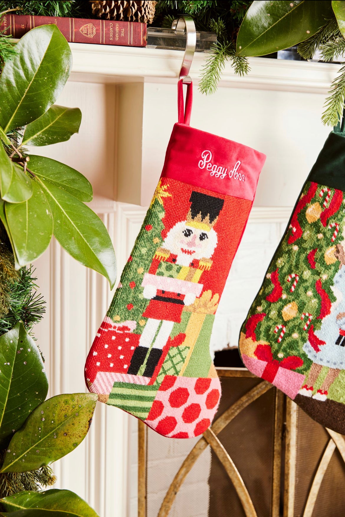 Detailed view of the Full Size Classic Nutcracker Bauble Stockings with a monogrammed name in script