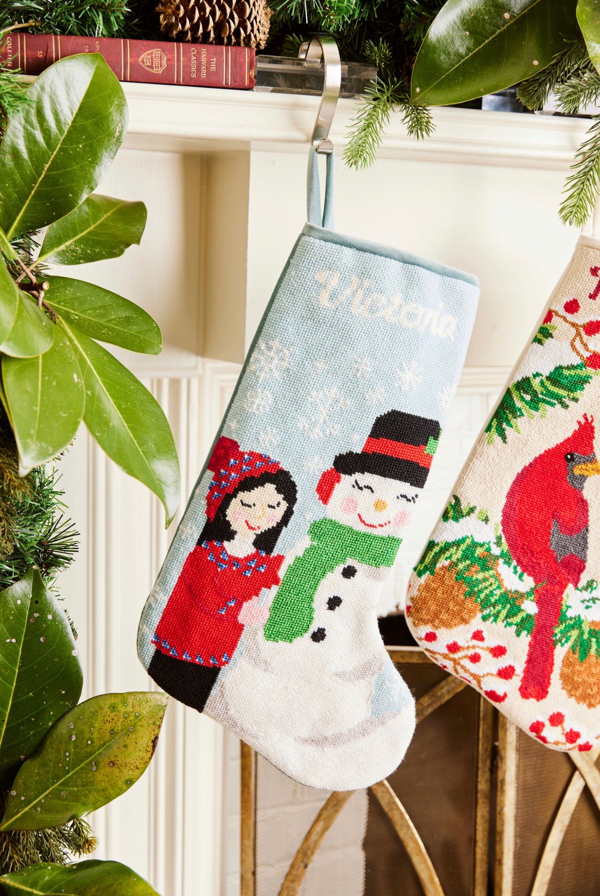 Detailed view of the Full Size Friend of Frosty Bauble Stockings with a monogrammed name in script