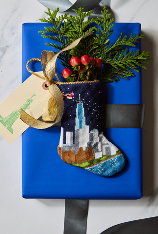 Bauble Stockings styled with blue gift box and festive holiday ornaments