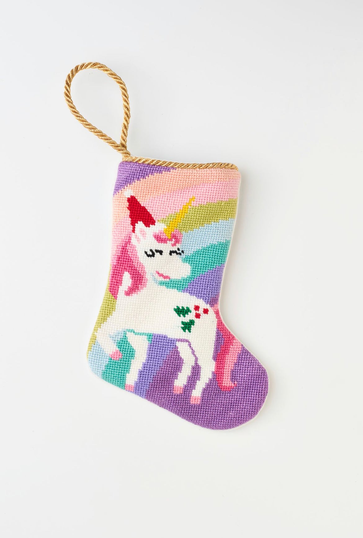 Hand-stitched Unicorn Dreaming Bauble Stockings featuring a colorful unicorn with rainbow pastel background