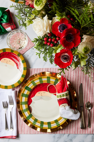 Bauble Stockings displayed on Christmas table setting with greenery, Santa plates, and red holiday accents