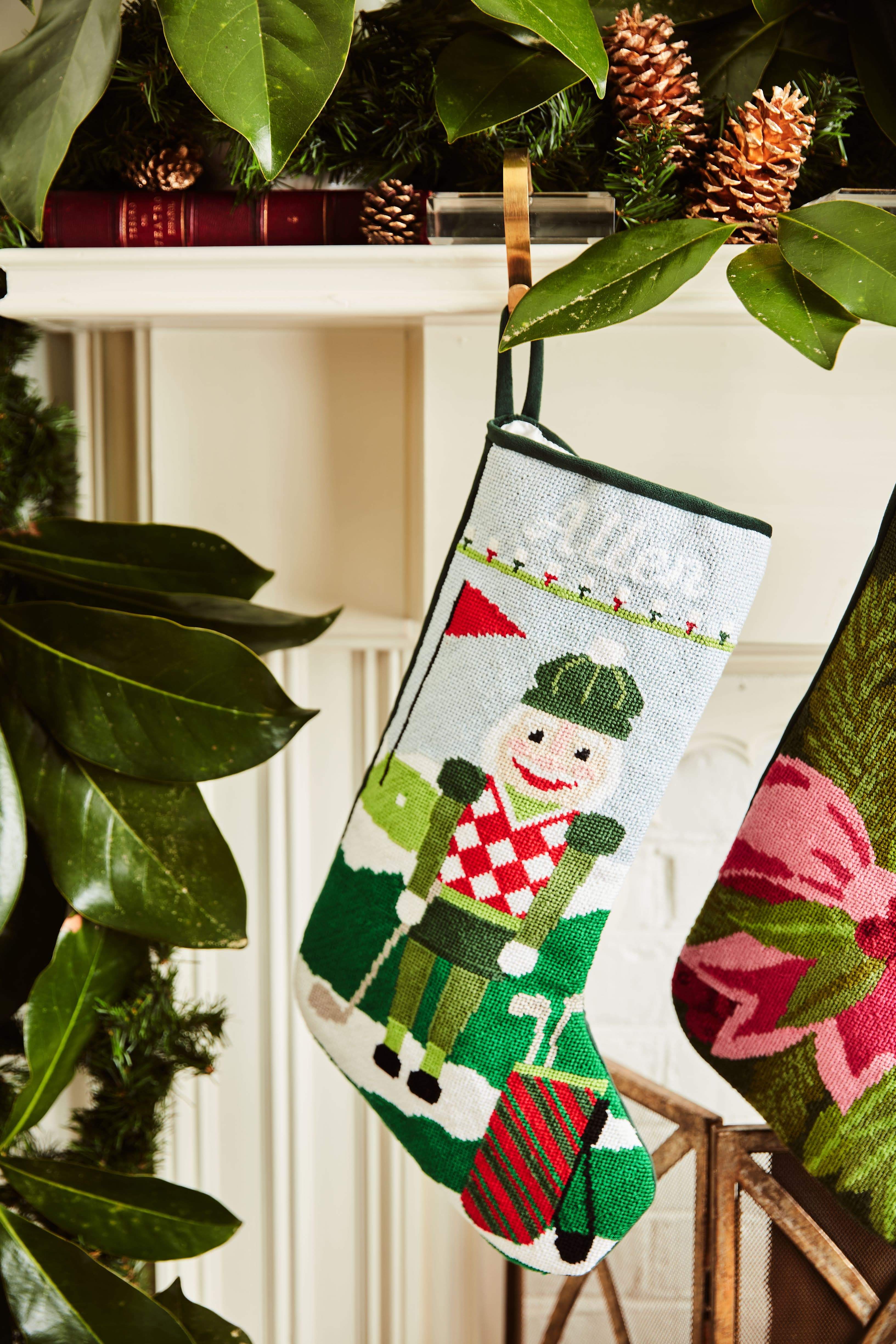Detailed view of the Full Size Christmas Birdie Bauble Stockings with a monogrammed name in script