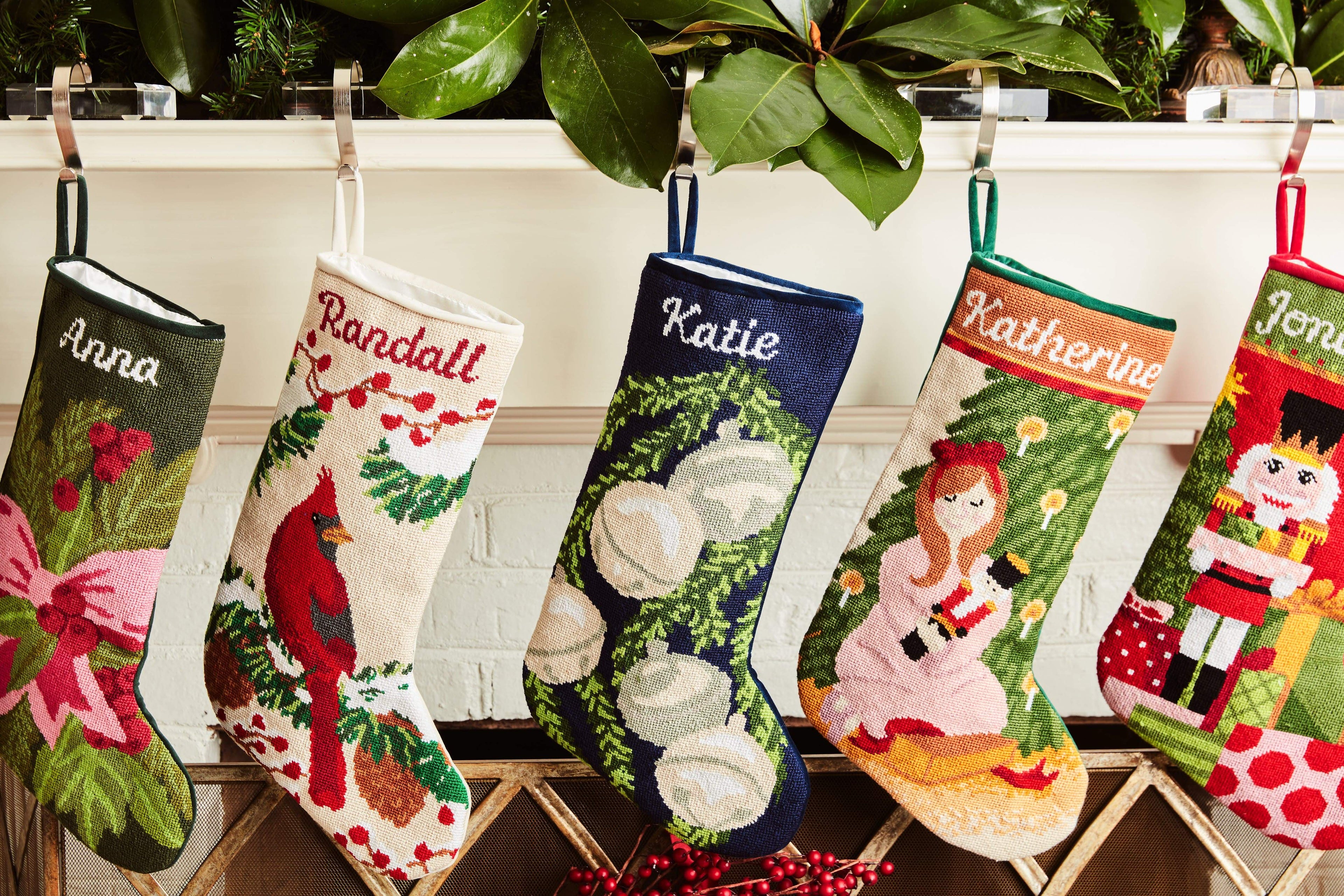 Detailed view of the Full Size Bauble Stockings with a monogrammed name in script