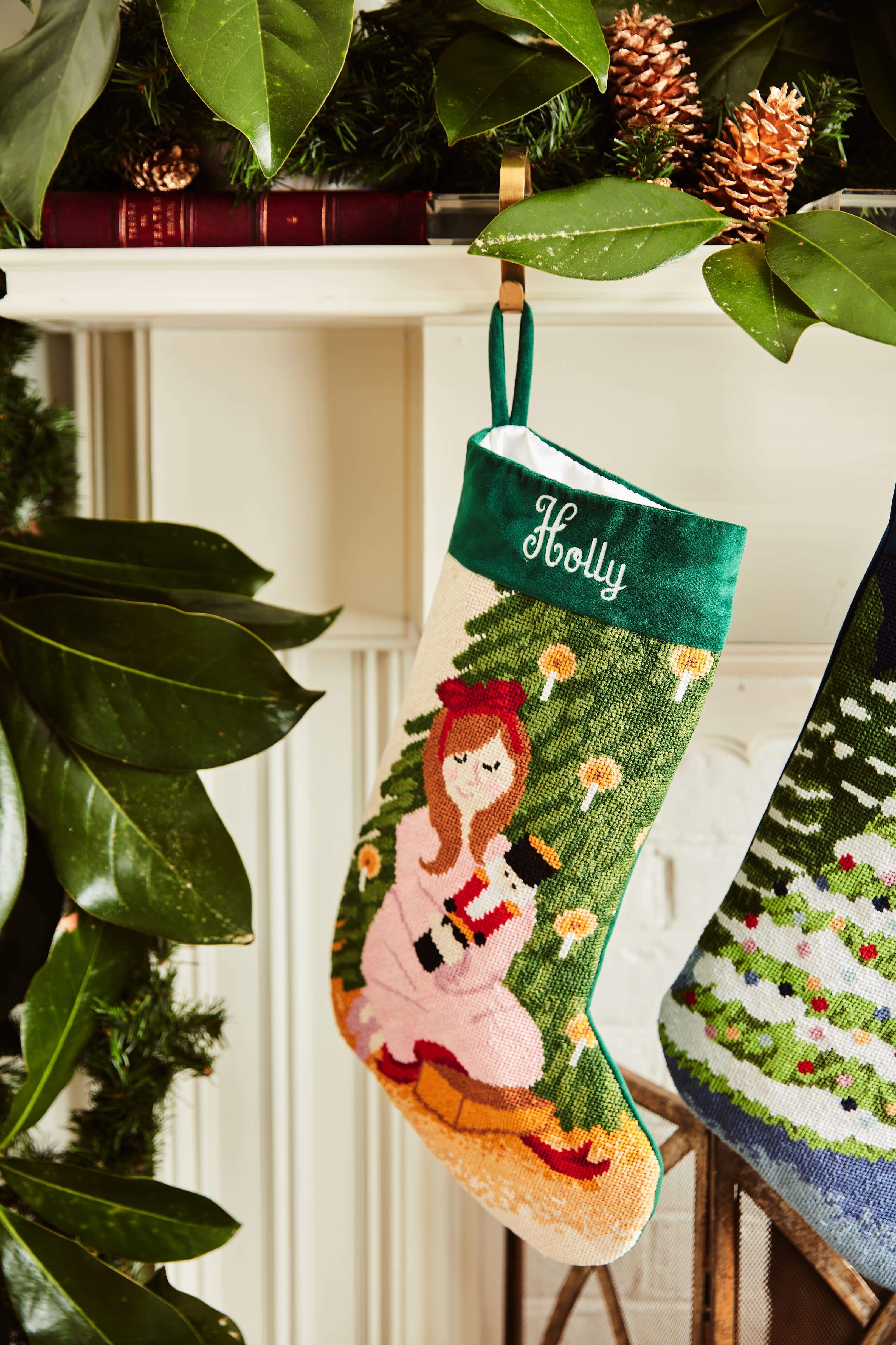Detailed view of the Full Size Clara with Nutcracker Bauble Stockings with a monogrammed name in script