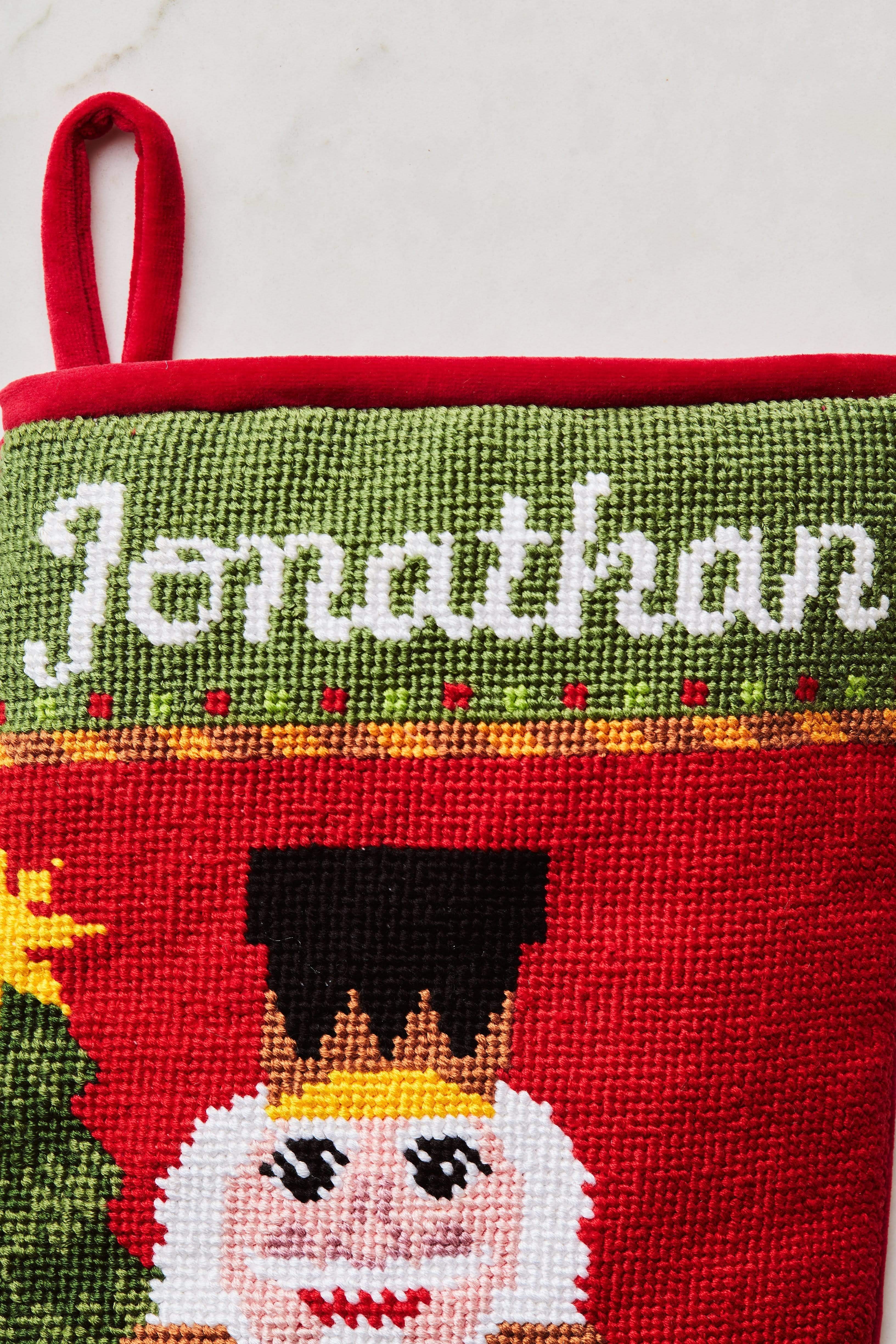 Close-up view of the Full Size Bauble Stockings with a monogrammed name in script