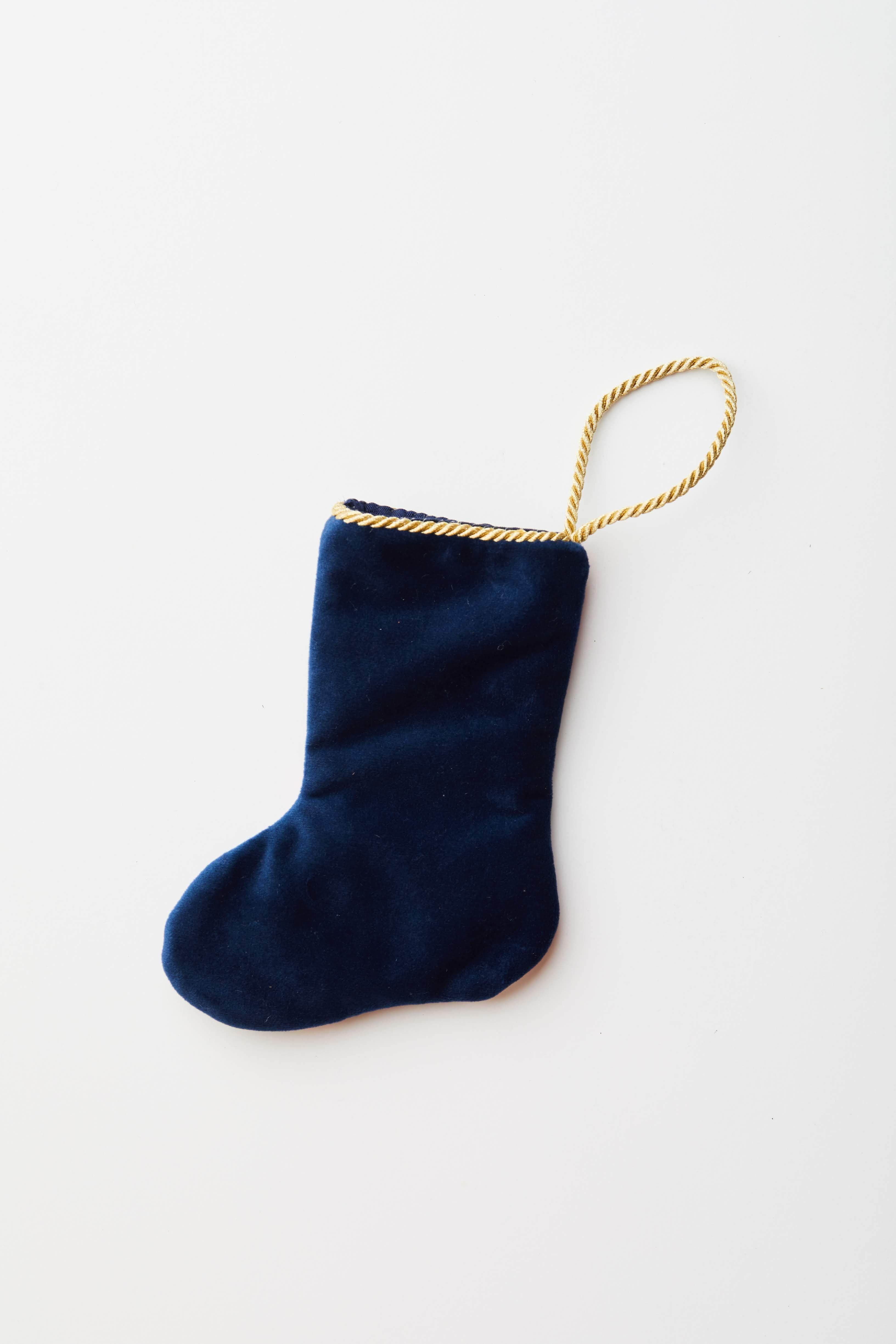 Back view of Dasher the Fun Reindeer needlepoint stocking with solid navy blue velvet backing