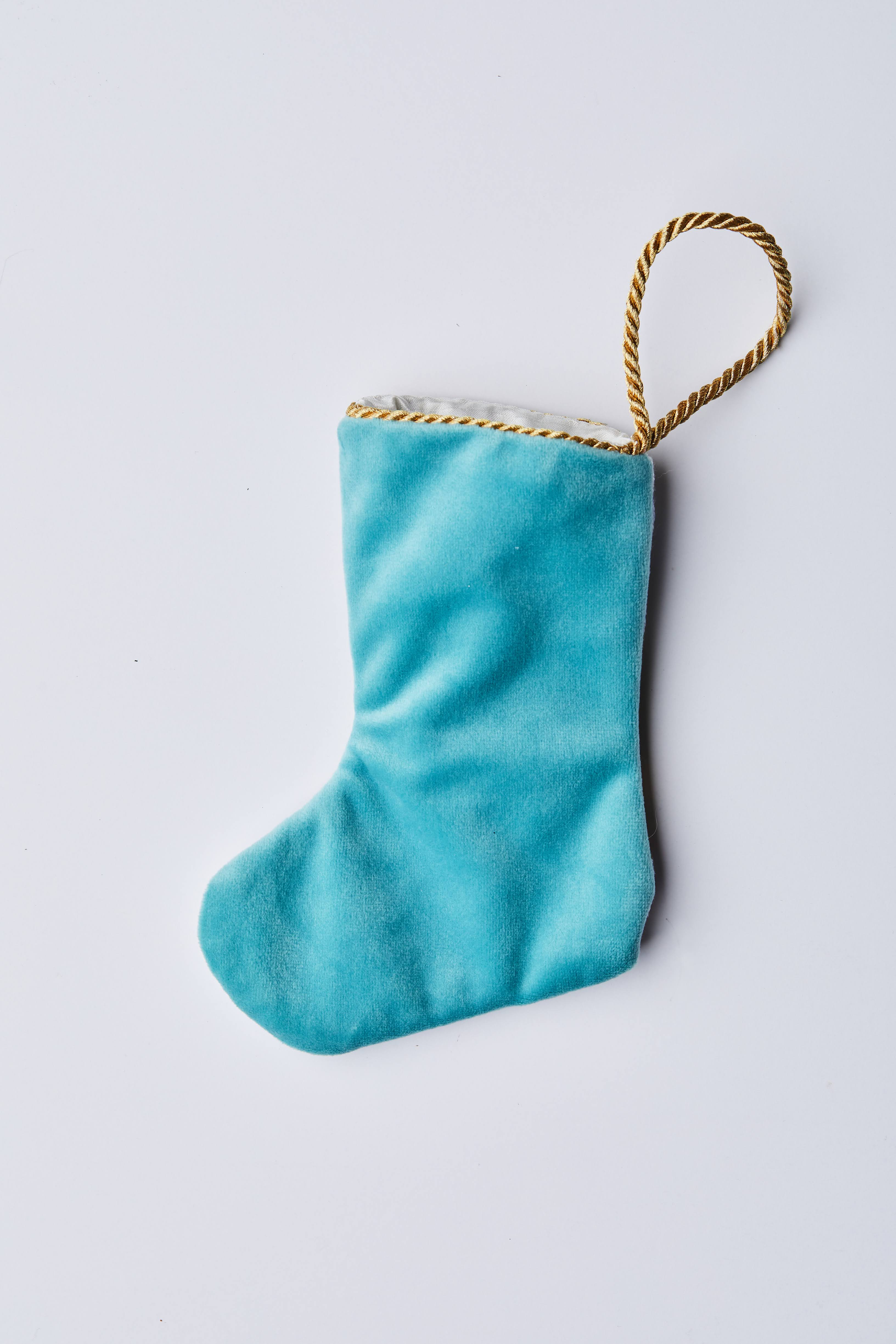Back view of Holiday Grace needlepoint stocking with solid blue velvet backing
