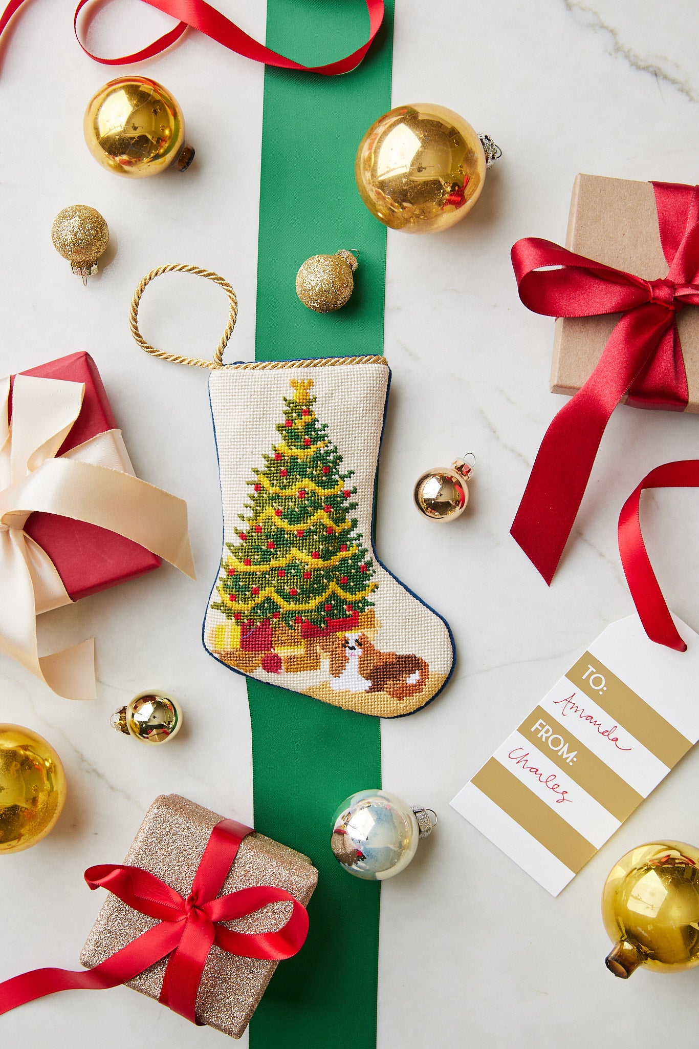 Bauble Stockings displayed with Christmas ornaments