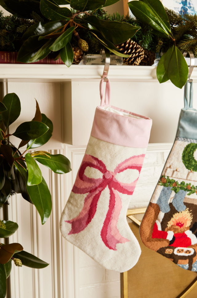 PREORDER FOR 2026: Pretty Pink Bow Full Size Needlepoint Christmas Stocking