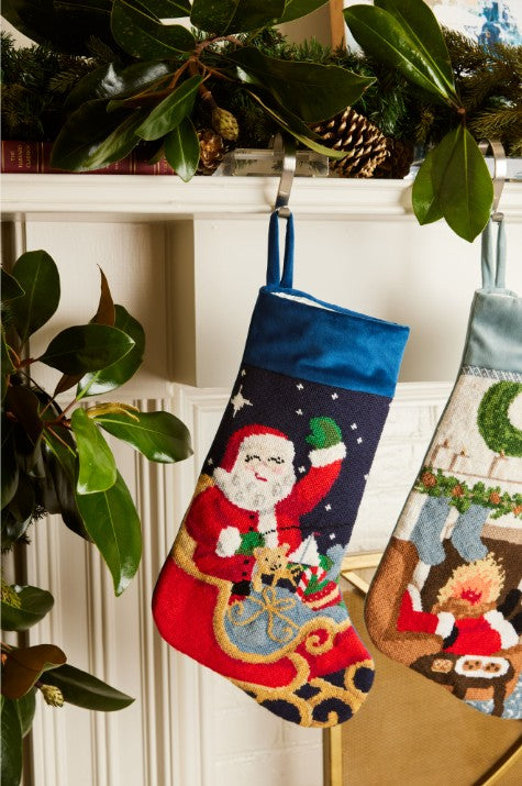 PREORDER FOR 2026: Sleigh Ride Santa Full Size Needlepoint Christmas Stocking