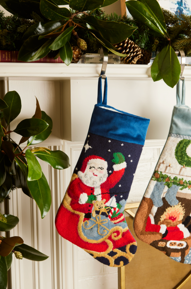 PREORDER FOR 2026: Sleigh Ride Santa Full Size Needlepoint Christmas Stocking