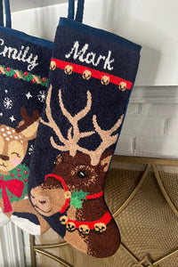 Detailed view of the Full Size Donner the Handsome Reindeer Bauble Stockings with a monogrammed name in script 