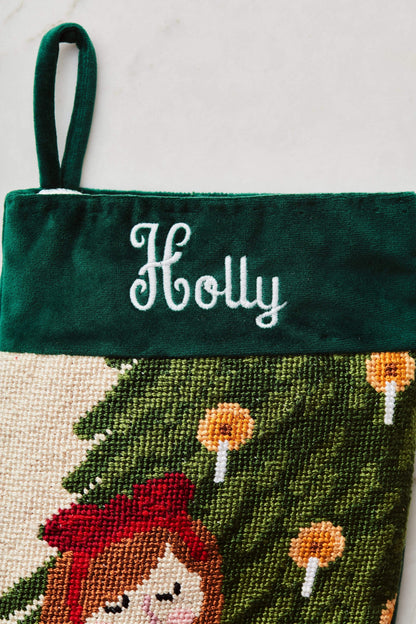 Close-up view of the Full Size Bauble Stockings with a monogrammed name in script