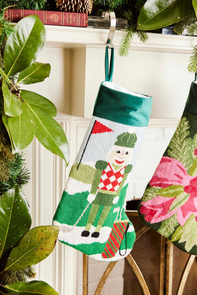 Full-size Christmas stocking featuring a sporty nutcracker on a golf course, dressed for festive tee time on a green fairway