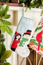 Detailed view of the Full Size Friend of Frosty Bauble Stockings with a monogrammed name in script 