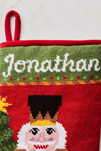 Close-up view of the Full Size Bauble Stockings with a monogrammed name in script 