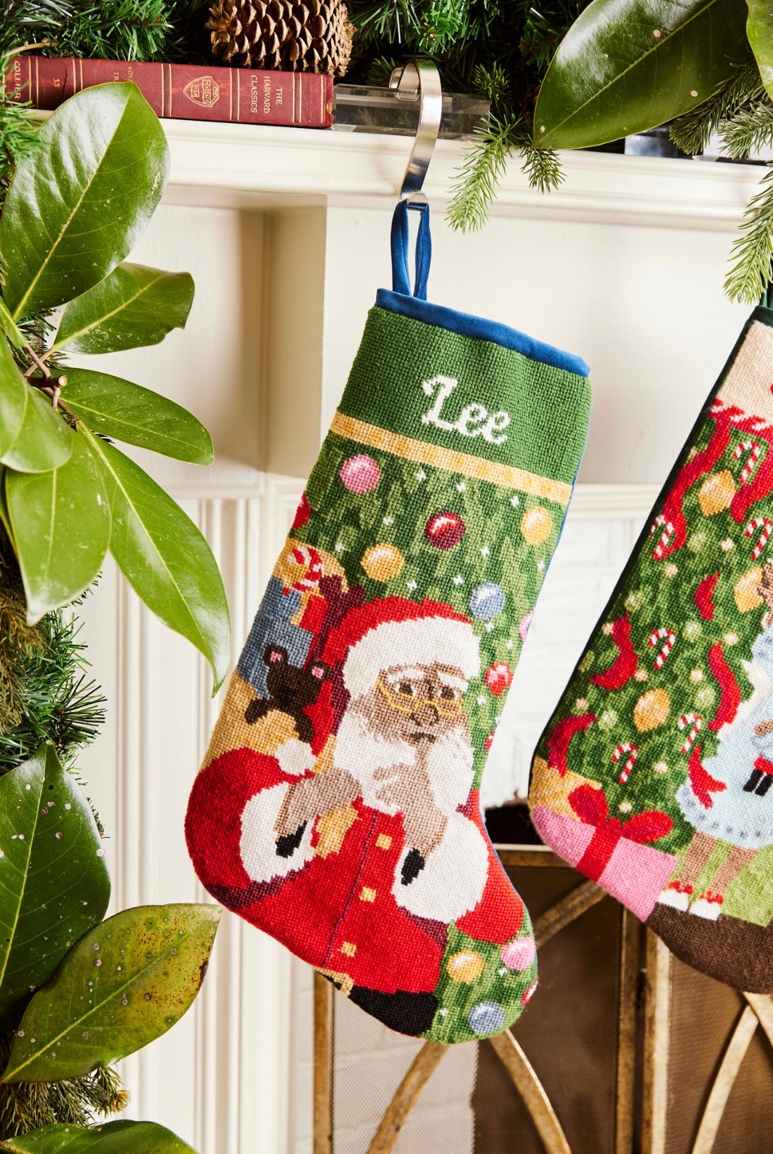 Detailed view of the Full Size St. Nick Bauble Stockings with a monogrammed name in script 