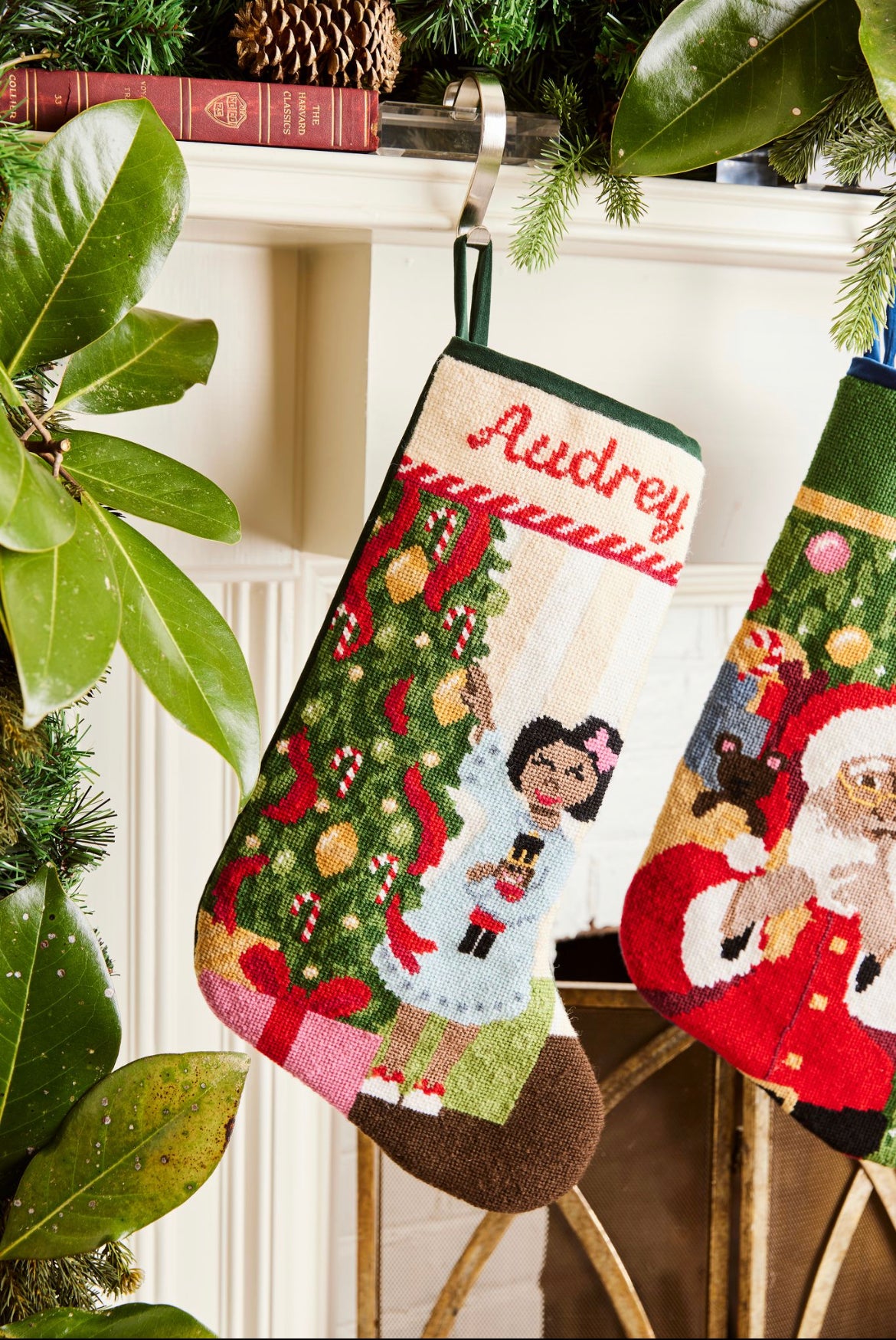 Detailed view of the Full Size Sugarplum Dreaming Bauble Stockings with a monogrammed name in script 