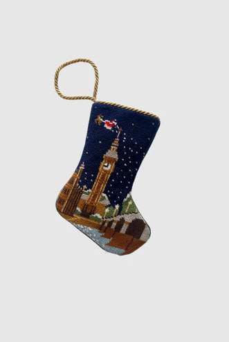 Christmas stocking featuring Big Ben, starry night sky, and Santa flying over London