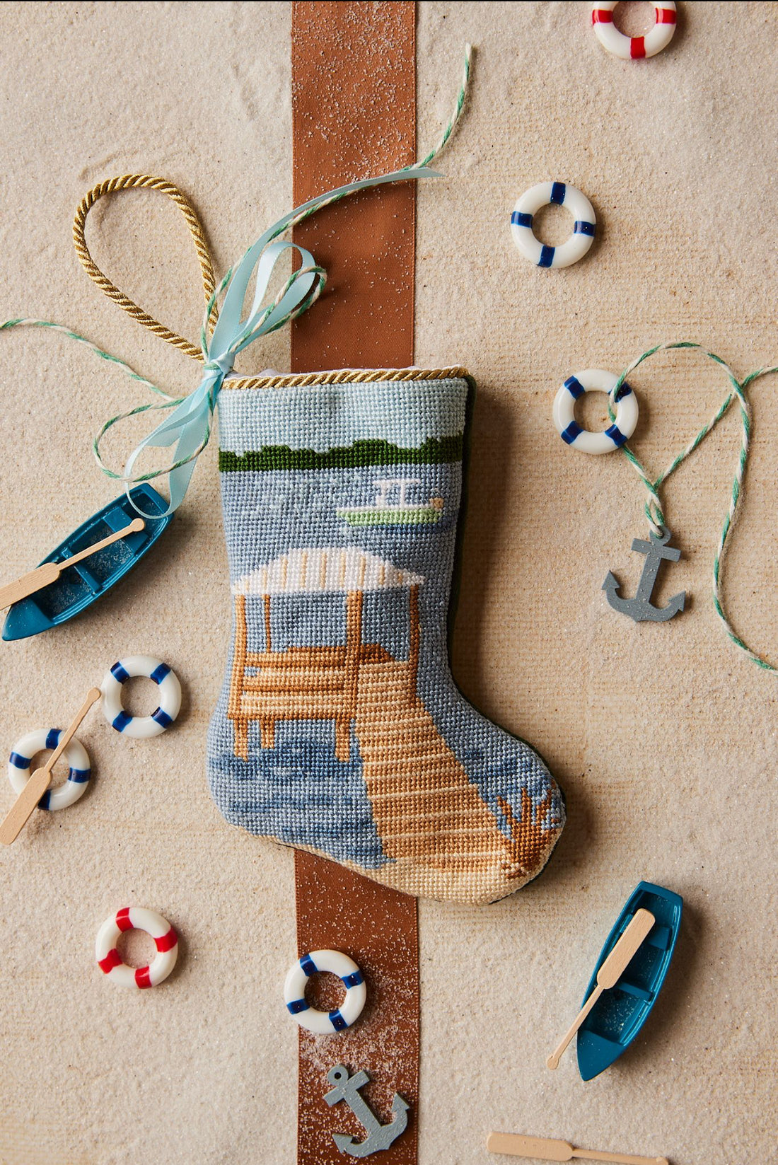 Coastal-themed Bauble Stockings with nautical scene capturing an aesthetic holiday vibe