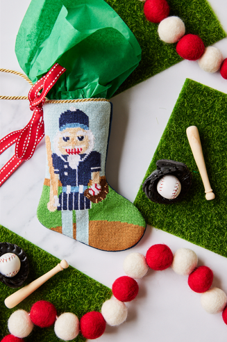 Baseball-themed Bauble Stockings styled with baseball ornaments for a sporty holiday look