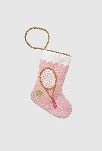 Needlepoint stocking featuring tennis racquet and tennis ball on pink background
