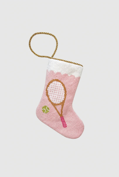 Needlepoint stocking featuring tennis racquet and tennis ball on pink background