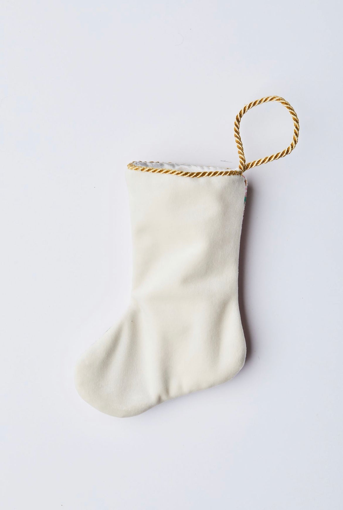 Back view of Happy Birthday in Pink Bauble Stockings with solid white velvet backing