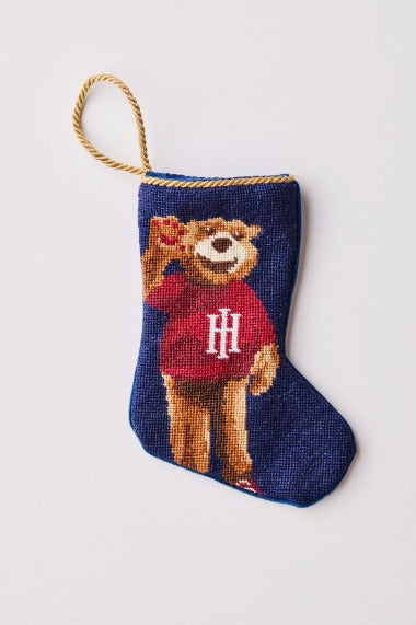 Hand-stitched Bauble Stockings featuring golden bear wearing red Holy Innocents’ logo shirt on navy background