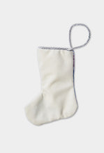 Back view of I Get My Kicks needlepoint stocking with solid white velvet backing