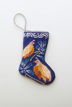 Needlepoint Bauble Stockings featuring colorful quail birds and leafy branches on navy background