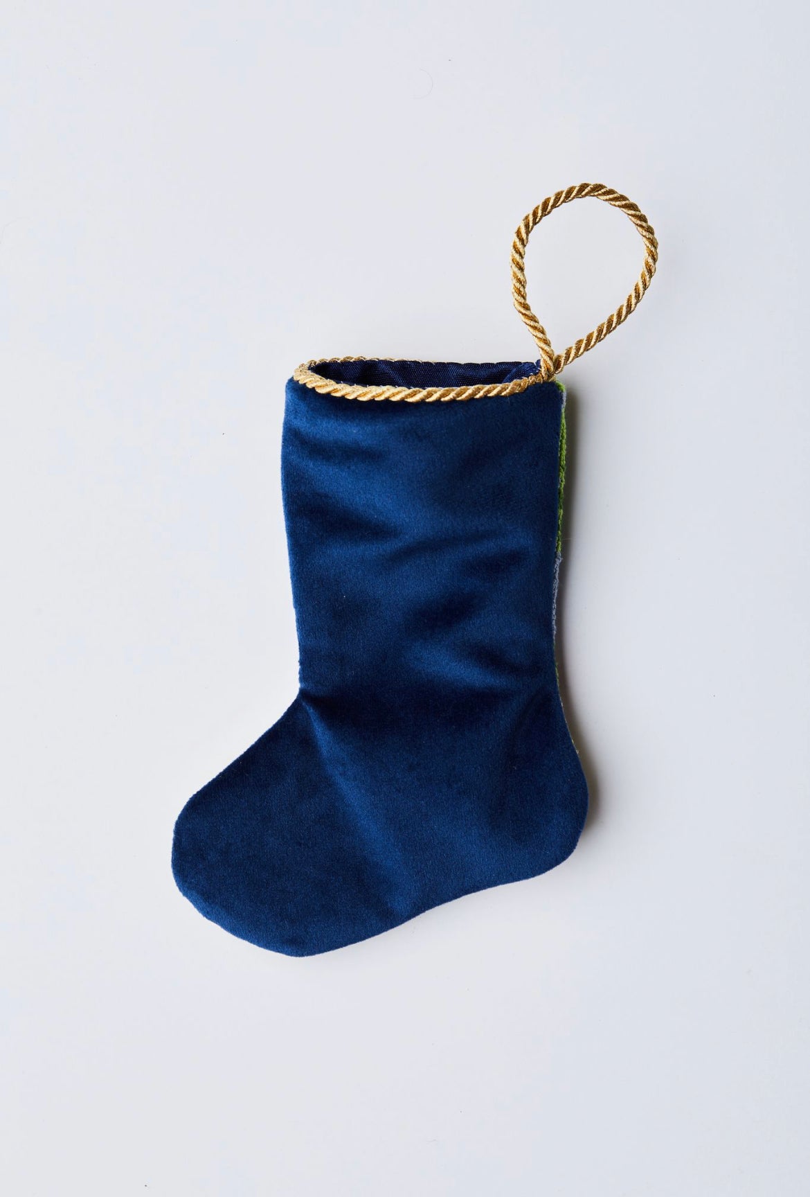 Back view of Chef Nutcracker Bauble Stockings with solid navy blue velvet backing