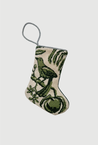 Hand-stitched Bauble Stockings with festive green bird, holiday vines, and floral accents