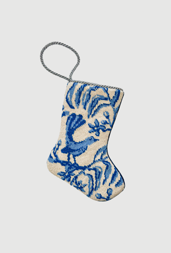 Needlepoint Bauble Stockings with blue songbird and floral accents