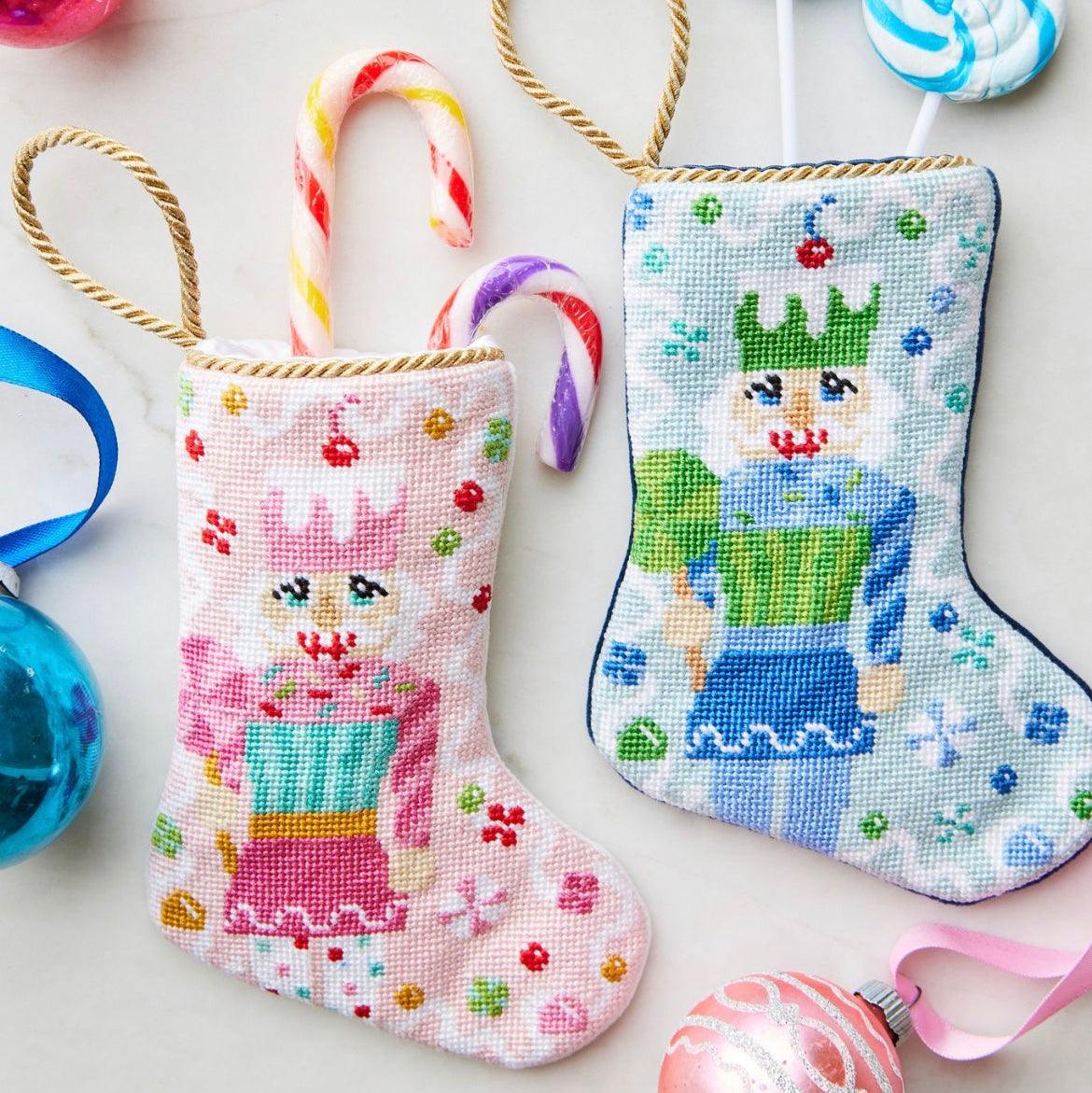 Bauble Stockings displayed with colorful candies and festive sweet-themed decorations