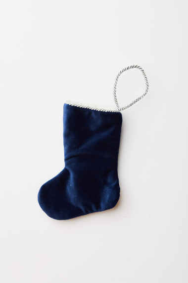 Back view of Tabby-tastic needlepoint stocking with solid navy blue velvet backing