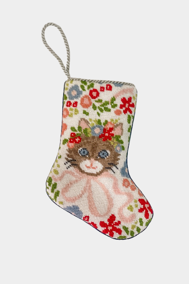 Needlepoint stocking featuring a tabby cat face surrounded by floral motifs