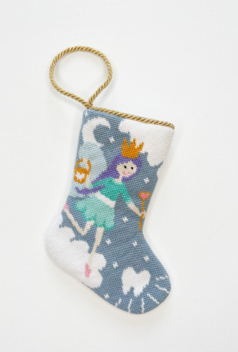 Hand-stitched Bauble Stockings with colorful tooth fairy, white teeth, and blue starry night background