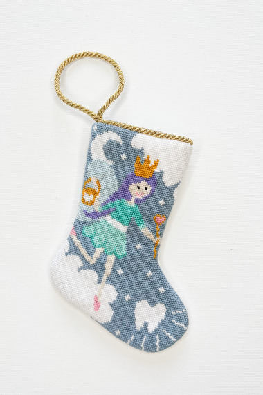 Hand-stitched Bauble Stockings with colorful tooth fairy, white teeth, and blue starry night background