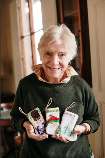Hand-stitched Christmas Bauble Stockings shown in holiday photo