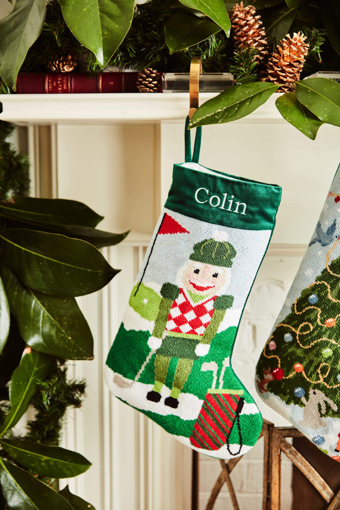 Detailed view of the Full Size Christmas Birdie Bauble Stockings with a monogrammed name in block