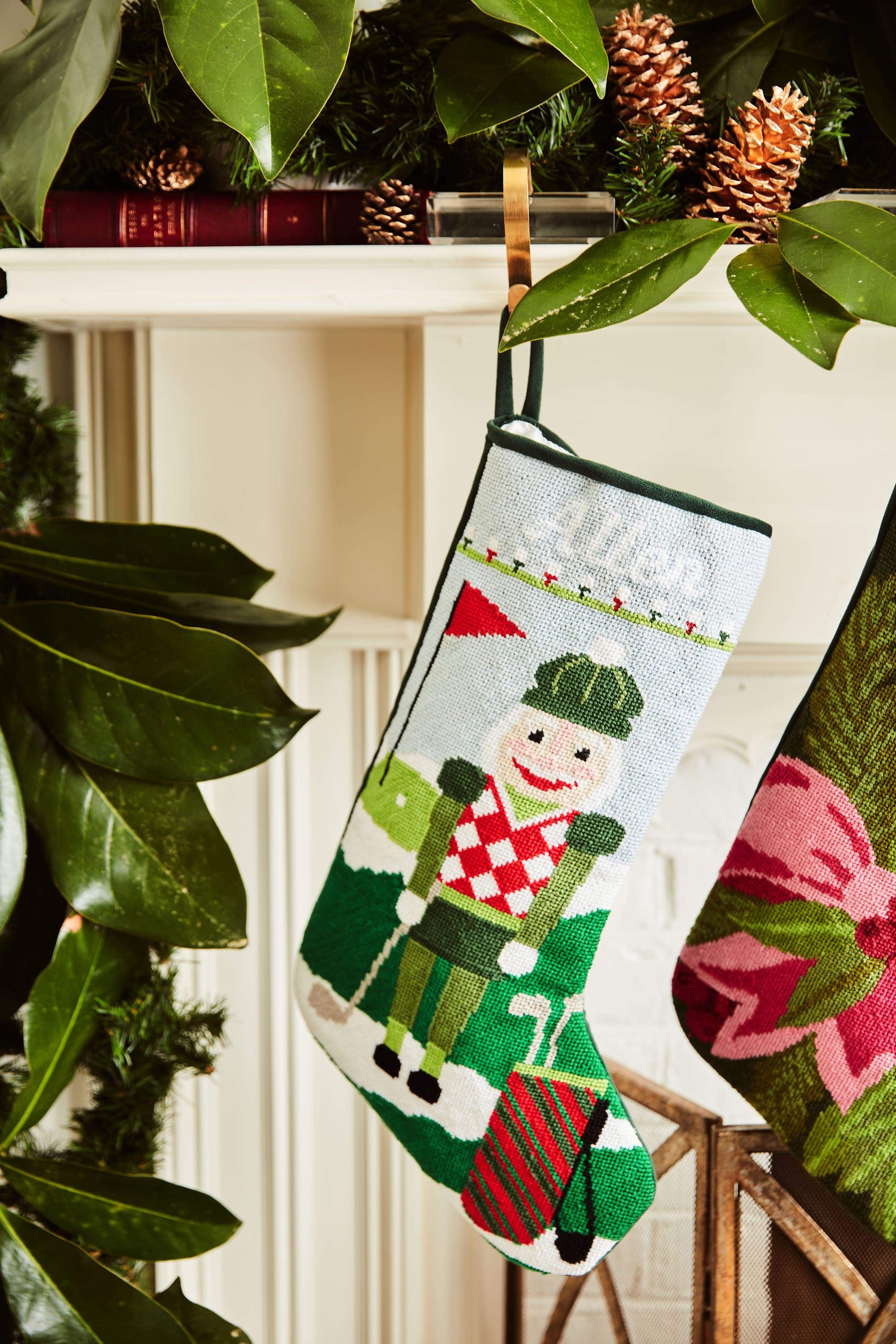Detailed view of the Full Size Christmas Birdie Bauble Stockings with a monogrammed name in script 