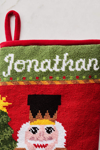 Close-up view of the Full Size Bauble Stockings with a monogrammed name in script