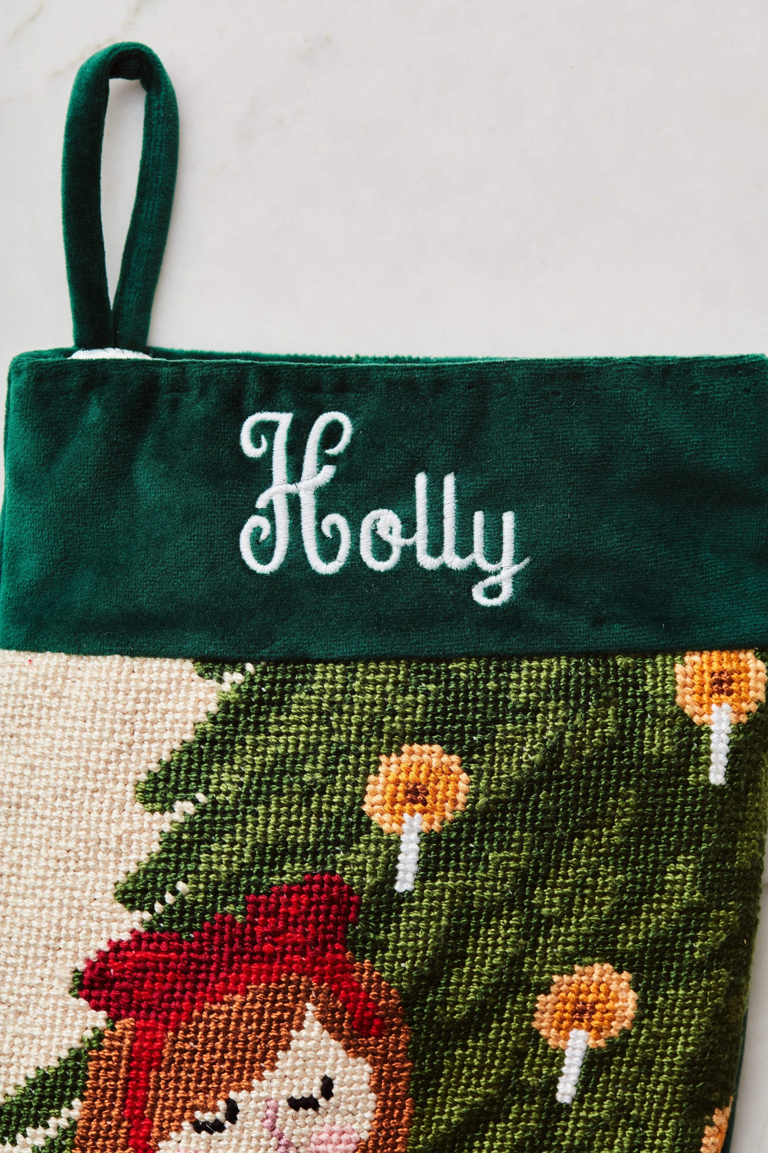 Close-up view of the Full Size Bauble Stockings with a monogrammed name in script