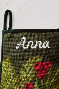 Close-up view of the Full Size Bauble Stockings with a monogrammed name in script