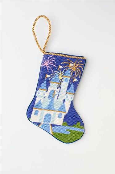 Hand-stitched Bauble Stockings featuring a festive castle with fireworks on a blue backdrop