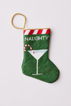 Hand-stitched Bauble Stockings featuring a martini glass and candy cane design on a green background with striped top