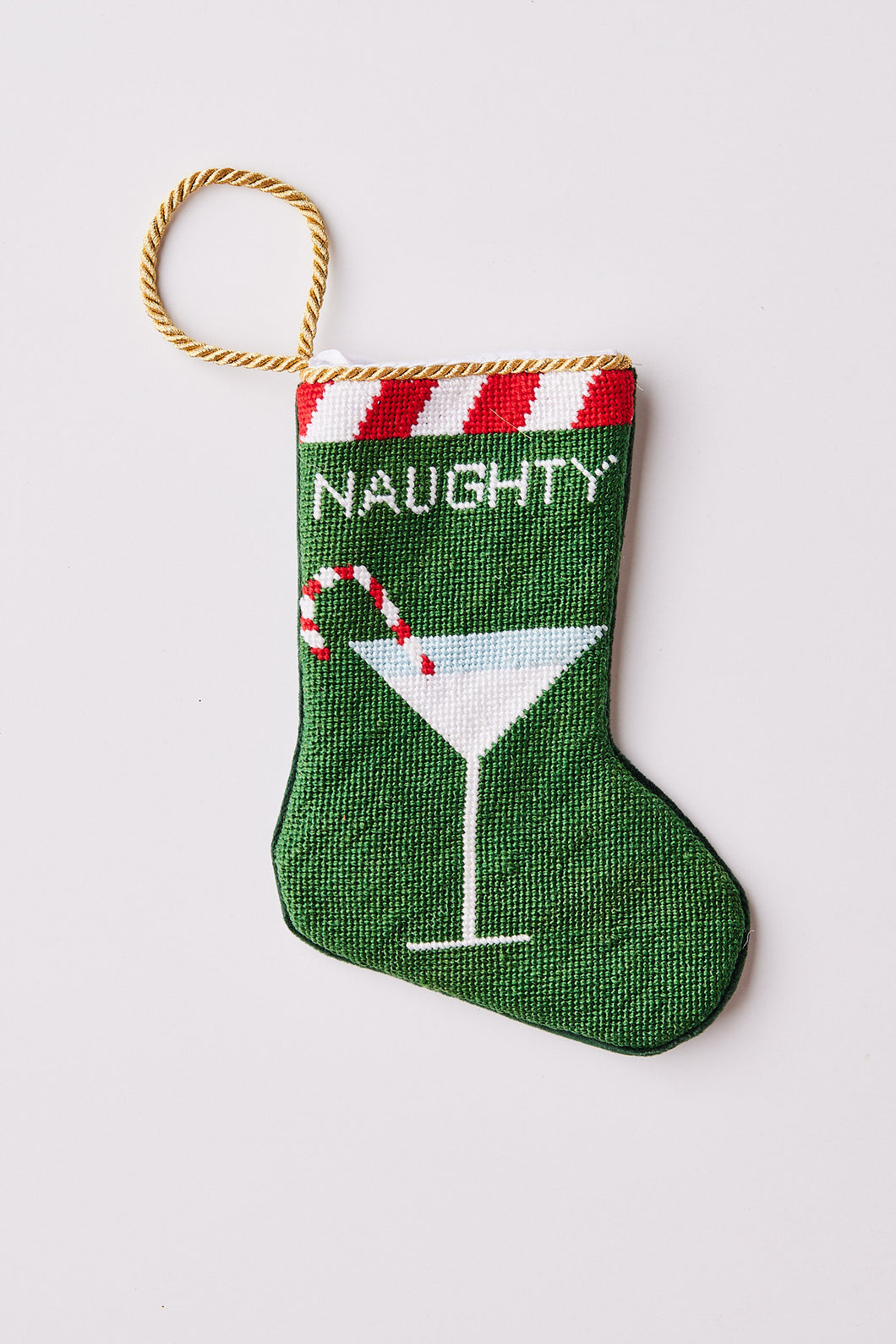 Hand-stitched Bauble Stockings featuring a martini glass and candy cane design on a green background with striped top
