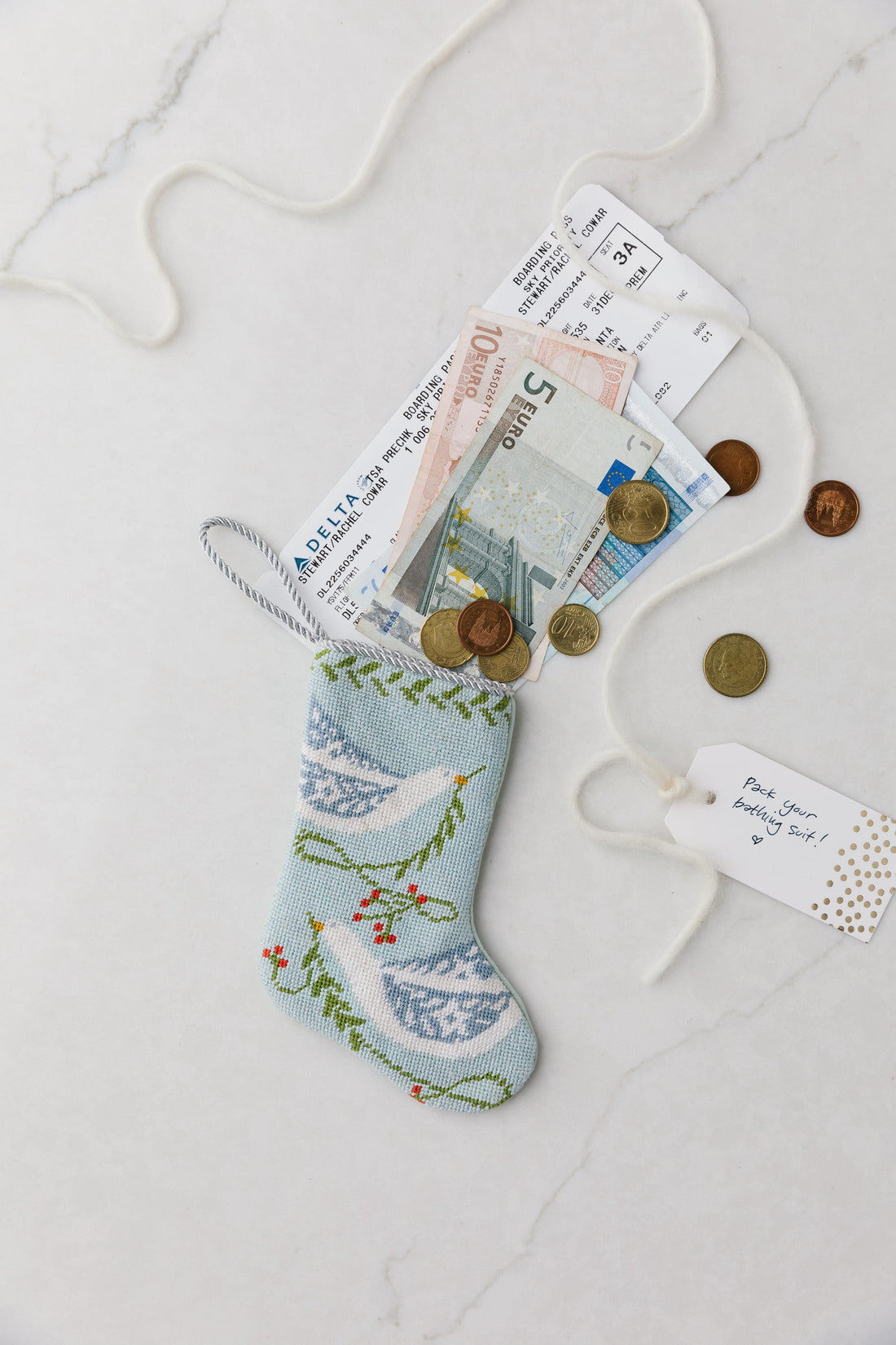 Bauble Stockings with holiday tags in a gift-themed decor